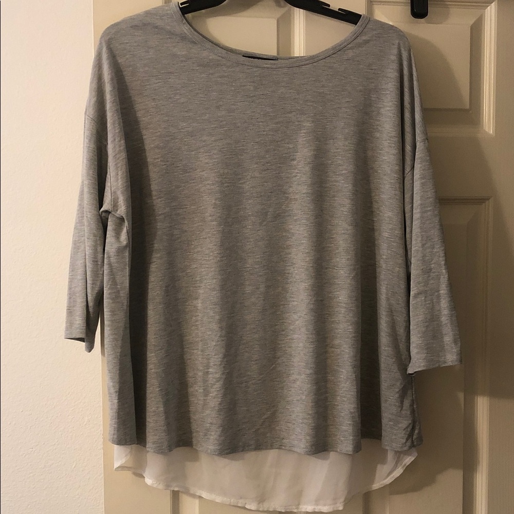 Women's Grey Knit Layered-Hem Blouse with White Trim